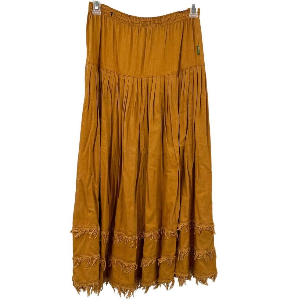 VTG Gene Ewing BIS Maxi SKIRT Sz S Pleated Tiered Fringe Gold Mustard Yellow